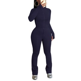 HBQ Women's 2 Piece Tracksuit Sets Long Sleeve Zip Up Crop Tops and Flare Pants Casual Workout Oufit Jogger Loungewear Set-Dark Blue-XL