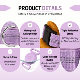 Petty Perry Waterproof AirTag Holder Dog Collar for Small Medium Large Dogs, Adjustable Reflective Dog Collar with Quick Release Buckle, Durable Nylon Outdoor Training Collar (Purple S)