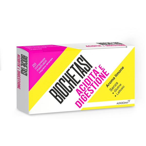 Biochetasi Digestion and Acidity, Food Supplement of 20 Chewable Tablets with Lemon Flavor, Aid Against Heaviness, Bloating and Stomach Acidity, Gluten Free and Lactose Free