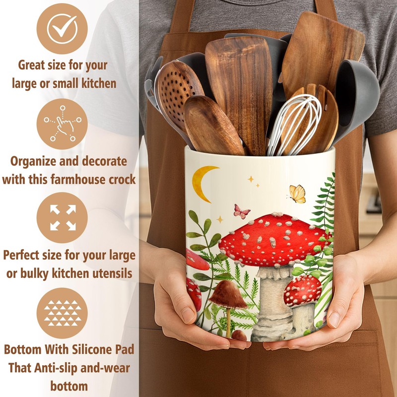 Hexagram Mushroom Decor Utensil Holder, Mushroom Kitchen Decor Ceramic Utensil