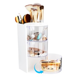 3-Tier Clear Hair Accessories Organizer with Makeup Brush Holder, Rotatable Jewelry Storage Box with Cute Stickers for Bows & Clips, Desktop Organizer Case for Bathroom Vanity Countertop (White)