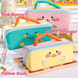 VTYFRY Cute Kawaii Pencil Case Pouch with Handle Cartoon Animal Large Capacity Pen Box Holder Organizer for Office Workspace Supplies Desk Accessories Travel Essentials Trendy Gift (Pink Bunny)