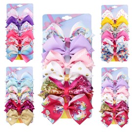 [6Pcs/Set] 4.7 Inch Sparkle Mermaid Unicorn Rainbow Colorful Hair Bows Clips Grosgrain Ribbon Alligator Accessories for Girls (Model-5)
