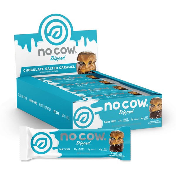 No Cow Chocolate Dipped Protein Bars, 20g Plant Based Vegan Protein, Keto Friendly, Low Sugar, Low Carb, Low Calorie, Gluten Free, Naturally Sweetened, Dairy Free, Non GMO, Kosher, Chocolate Salted Caramel, 12 Pack