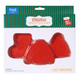 PME CH24CCC099 Cookie Cutters & Stamps, Cozy Christmas (Set of 3), Plastic, Red, Cozy Winter