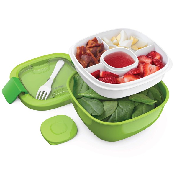 Bentgo® Salad - Stackable Lunch Container with Large 54-oz Salad Bowl, 4-Compartment Bento-Style Tray for Toppings, 3-oz Sauce Container for Dressings, Built-In Reusable Fork & BPA-Free (Green)