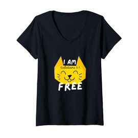 Womens I AM Free | Kitty Cat Face Lovers Bible Verse V-Neck T-Shirt