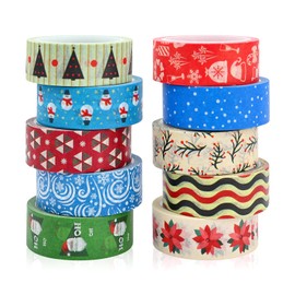 10 Rolls Christmas Washi Tape Set,Christmas Element Pattern Scrapbook Tapes,Snowflake Christmas Tree Decorative Masking Tape Holiday Strip Washi Tape,Art Design Tape Craft Supplies for Gift Wrapping