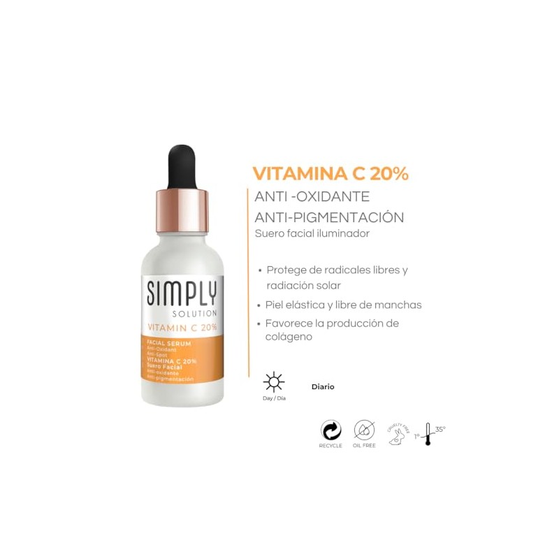 Suero Facial con Vitamina C 20%, Antioxidante, Anti-manchas, Iluminador, 30