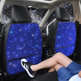 Pirador Sparkling Diamond Car Seat Kick Protectors with Storage, Crystal Kick Mats for Car Seats with Bling Rhinestones, Universal Fit Luxury Auto Accessories for Women Girls and Ladies Blue 2pcs