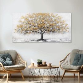 Glvzygy Wall Art Abstract Gold Tree of Life Canvas Modern Art Oil Painting Texture Tree Painting Living Room Bedroom Dining Room Home Office Decor Wall Decor 29" x 58"