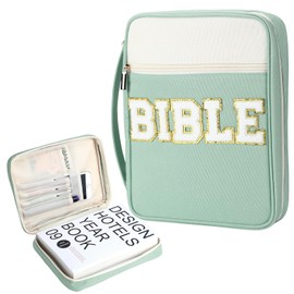 Huhumy Chenille Letter Bible Cover with Handles Zippered Bible Large Bag Carrying Case for Women Bible Cover Bags Letter Bible Cover Ideal Christmas Religious Gift for Women(Green and White)