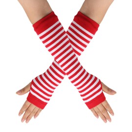 B-HOT Warmer Fingerless Gloves Stretchy Knit Thumb Hole Sun Protection Long Arm Stripe Glove Red/White