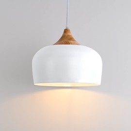 DOTCN Modern Solid Wood Pendant Light, Large Ceiling Hanging Lamp with Dome Metal Shade,Adjustable Light Fixture for Kitchen Island,Dining Room,Bedroom,Hollway,Entryway - White
