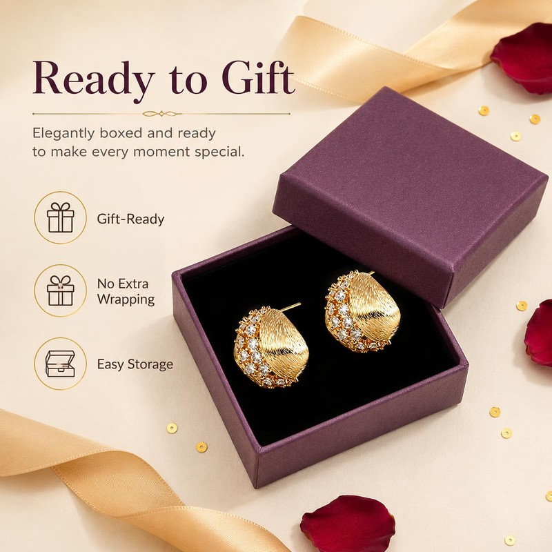 14K Gold Plated Hypoallergenic Stud Earrings for Women, Sparkle Cubic