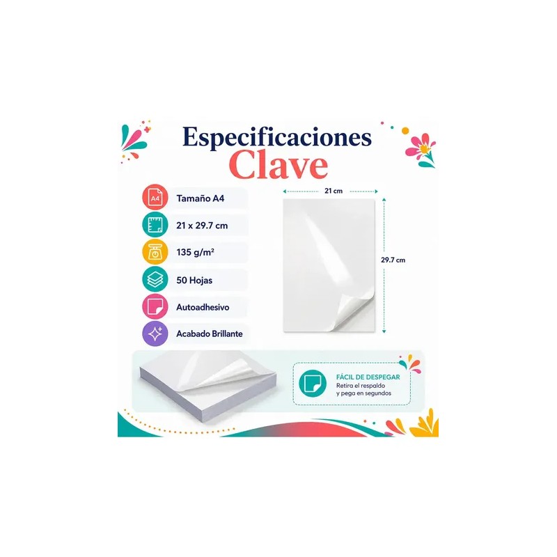 50 Hojas De Papel Fotográfico Autoadhesivo A4, 135g, Blanco