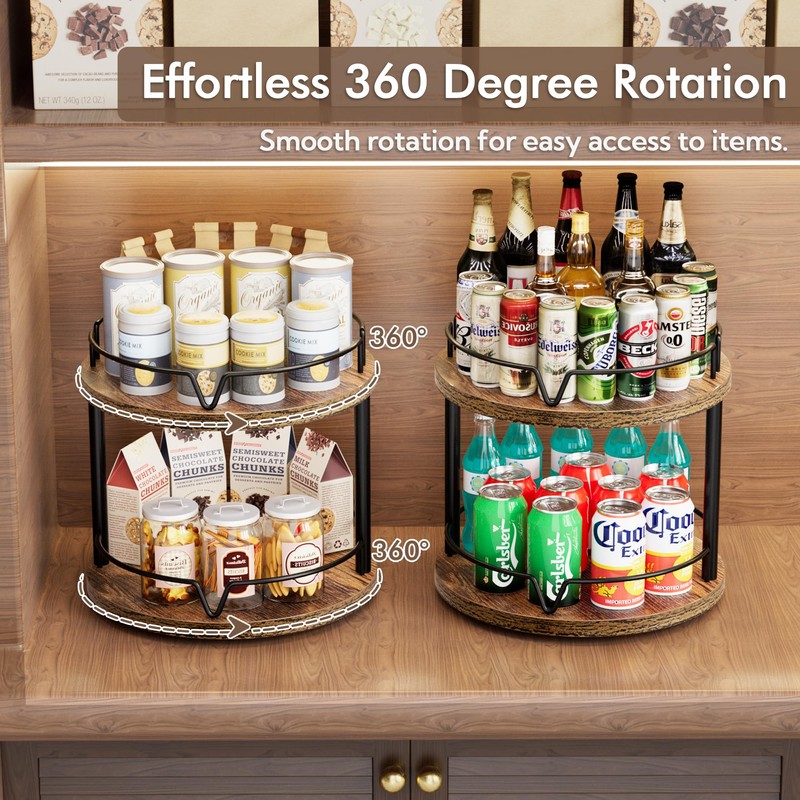 2 Pack 2 Tier Lazy Susan Organizer Wooden Rotating Spice