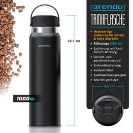 Arendo - Thermos Flask 1 Litre - Stainless Steel Thermos Flask with Lid Double Wall - 1000 ml - 100% Leak-Proof - Dishwasher Safe - Water Bottle for Hot and Cold Drinks