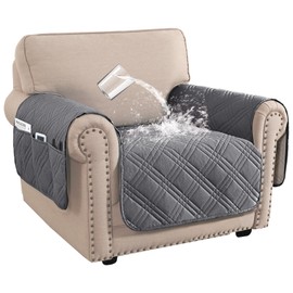 BellaHills Waterproof Sofa Cover 1 Seater Living Room Armchair Covers Sofa Slipcovers Chair Seat Covers with Side Pocket for 1 Seater Sofa Washable Couch Cover for Dogs (1 Seater, Grey)