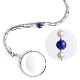 LAFORTISART Magnifying Glass Necklace for Women 10X Healing Crystal Gemstone Elegant Paperclip Y-shaped Long Chain Pendant Monocle Necklace for Women Gift for Mom Grandma (Lapis Lazuli)