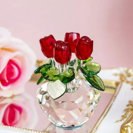 H&D HYALINE & DORA Red Rose Figurine Ornament Spring Bouquet Crystal Glass Fl...