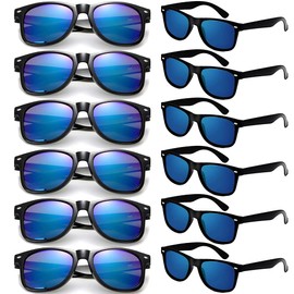 Dwenarry Party Sunglasses Bulk Adult Retro Plastic Sunglasses Pack of 12 Vintage Sunglasses Party Favors for men women, Black Frame Reflective Blue Lens, 52