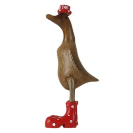 ART-CRAFT Wooden Duck Running Duck Garden Decoration Figure Made of Bamboo Root and Teak Wood with Boots and Hat Red 25 cm High