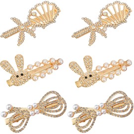 KUMSODE Pack of 6 Rabbit Hair Clips Rhinestone Snap Hair Clip Metal Snap Hair Clips Gold Snap Hair Clips with Rhinestone Shiny Snap Hair Clip for Women