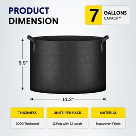 iPower 12-Pack 7 Gallon Grow Bags Heavy Duty Thickened Aeration Nonwoven Fabric Pots with Nylon Handles and 12 Labels for Planting Vegetables, Fruits, Flowers, Black