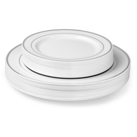 Laura Stein Designer Dinnerware Set of 40 Premium Plastic Wedding/Party Plates: White, Silver Rim. Set Includes 20 10.75" Dinner Plates & 20 7.5” Salad Plates | Classic Series