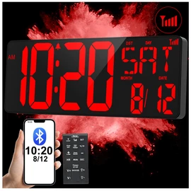 XREXS 17.2" Large Digital Wall Clock Bluetooth Sync Time, Precise Atomic Clocks with Remote Control, Adjustable Dimmer Grandfather Clock, Temperature for Bedroom, Desk Alarm Clock for Elderly