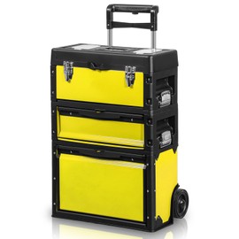 Auto Dynasty Stackable Tool Box 3-Tier Tool Separate Organizer Rolling Tool Chest with Wheels 3-in-1 Upright Trolley Tool Chest for Garage or Workshop, Yellow