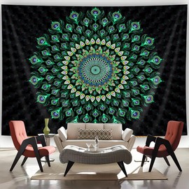 FENDROM Bohemian Mandala Tapestry Hippie Tapestries Psychedelic Green Peacock Boho Wall Hanging for Bedroom Living Room Tablecloth