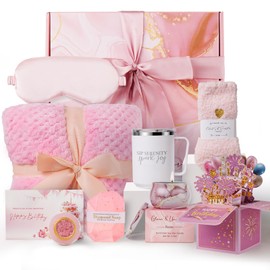 Birthday Gifts For Women Rose Relaxing Spa Gifts Basket 21st 40th 50th Happy Birthday Box for Mom Her Wife Best Friend Sister Grandma Daughter Bestie Aunt Pop Up Card Flannel Blanket Thinking of You