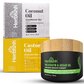 Herbishh Deep Repair Hair Set – Castor Oil Shampoo Bar + Coconut Conditioner Bar + Argan Hair Mask 150ml – For Dry, Damaged, & Color-Treated Hair – Keratin Infused, Sulfate-Free, Vegan