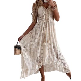 CUPSHE Women's Summer Dresses Sleeveless Lace Casual Tassel Beach Spaghetti Straps Flowy Maxi Sun Dress Beige, L
