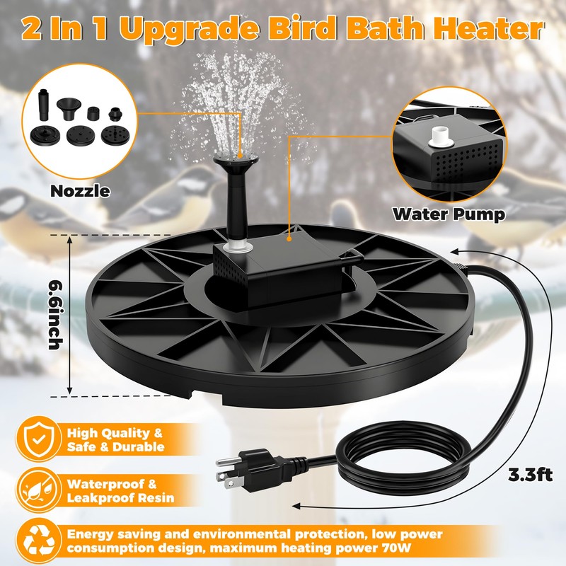 Loyala Bird Bath Heater, 70W Submersible Pond Deicer Bird Bath