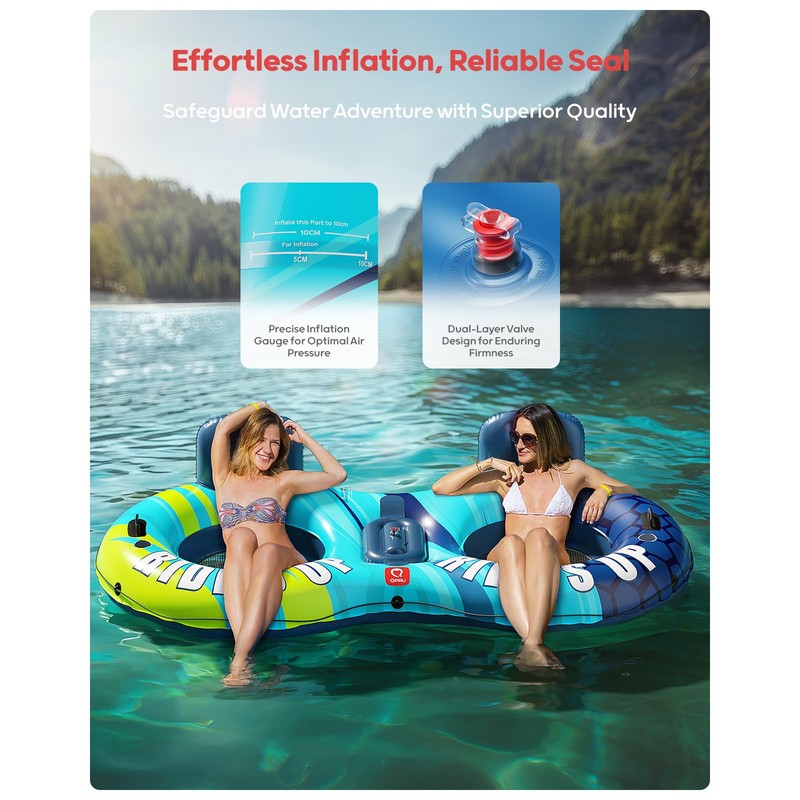 QPAU Inflatable Double River Tube, 2 Person 660lb Capacity, Puncture-Resistant