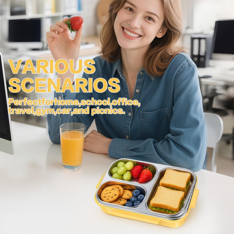 Stainless Steel Lunch Box, 3-Compartment Bento Box (25oz) - Portable