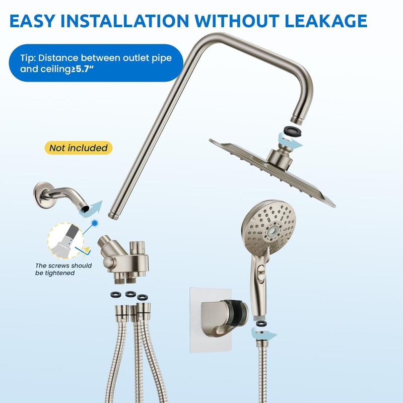 Ryamen 8" Dual Shower Head Combo, High Pressure Rainfall Shower