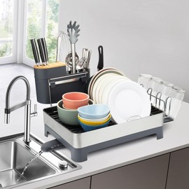 Plate Drying Rack, Stainless Steel Plate Rack Drainers for Kitchen Countertop with 360° Swivel Spout and Drainboard, Smudge-Proof Plate Drainers with Utensil Holder, Kitchen Sink Organizer