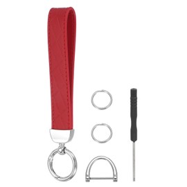 MECCANIXITY Leather Wristlet Keychain Car Key Chain Wristlet for Women, 7 Inch Key Fob Holder with D Ring and 2 Key Ring for Keys Wallets Purse, Silver Tone/Red