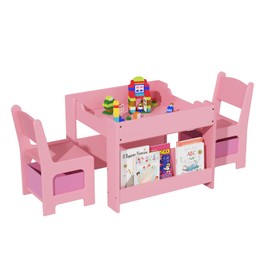 GarveeHome Kids Art Table and Chair Set, 3 in 1 Activity Table with 2 Chairs, Bookshelves, Drawers and Detachable Tabletop, Toddlers Craft Table Art Desk for Home Daycare Playroom