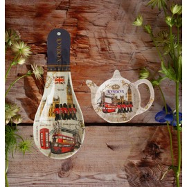 London Souvenir Ceramic Kitchen Set – Includes Spoon Rest and Teapot-Shaped Tea Bag Holder – Featuring Big Ben, Red Bus, Telephone Booth & Queen’s Guard | British Travel Gift & Collectible Kitchenware