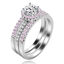 Uloveido Platinum Plated Round Brilliant Pink & White CZ Solitaire Wedding Rings Stack Eternity Band 3 Pieces Bridal Ring Set Y579, Zirconia, Cubic Zirconia