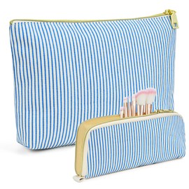 Makeup Bag, 2 Pcs Cotton Quilted Cosmetic Bag, Large Capacity Travel Toiletry Bag, Cute Blue Make Up Organizer Bag, Great Gift for Women