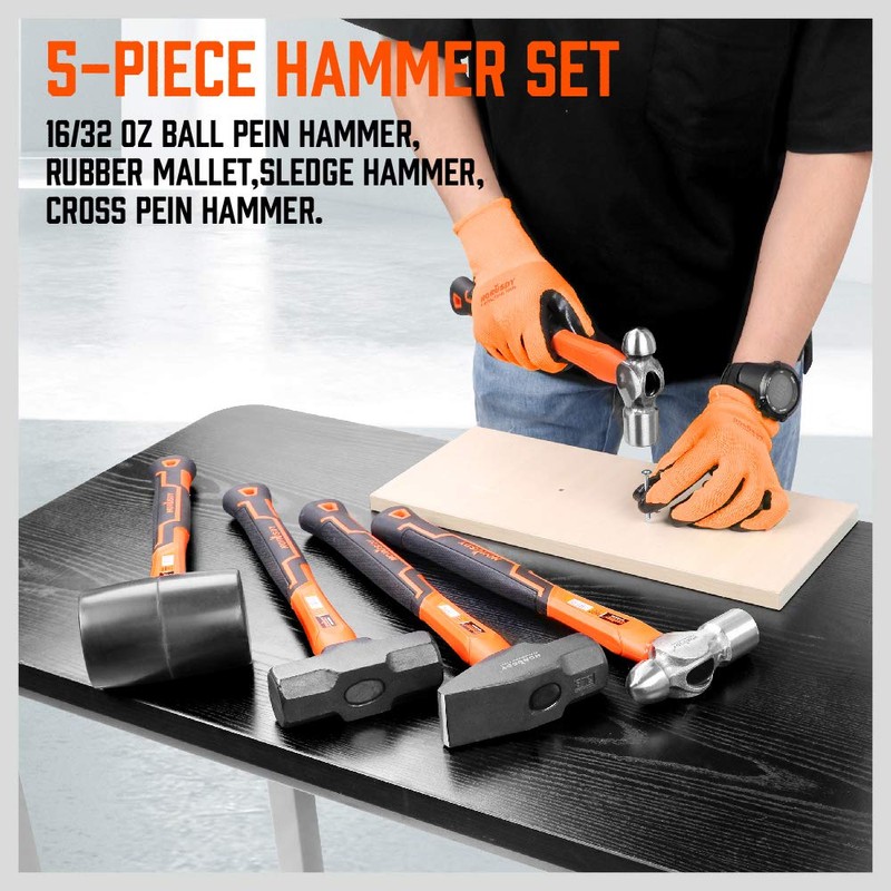 HORUSDY 5-Piece Hammer Set, 16oz and 32oz Ball Pein Hammers,