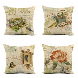 rouihot Set of 4 Linen Throw Pillow Covers 20x20 Inch Vintage Bird Nature Floral Home Decor Pillowcase Square Cushion Cover for Sofa Bed Couch