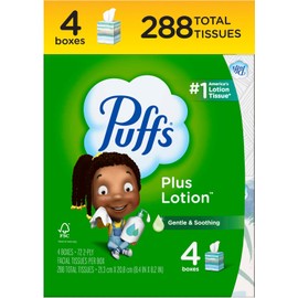 Puffs Plus Lotion Facial Tissue, 4 Mega Cube Boxes, 72 Tissues Per Box