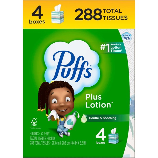 Puffs Plus Lotion Facial Tissue, 4 Mega Cube Boxes, 72